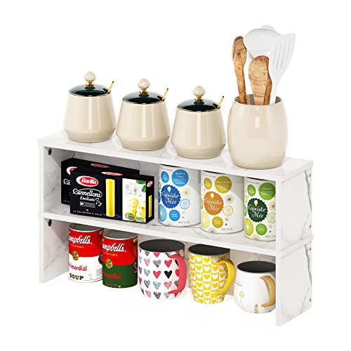 Furinno HELENA Kitchen Countertop Organizer Set of 2, 58.4cm Wide Kitchen Counter Shelves, Stackable Organizer Shelf, Spice Rack for Kitchen, Pantry, Coffee Bar, Marble White