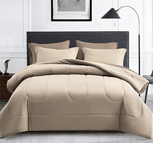 Maple&Stone Full Comforter Set 7 Pieces Bed in a Bag Beige Bedding Set - Two-tone Design, Down Alternative Comforter Set with Sheets, Pillowcases & Shams, Comfortable All Season