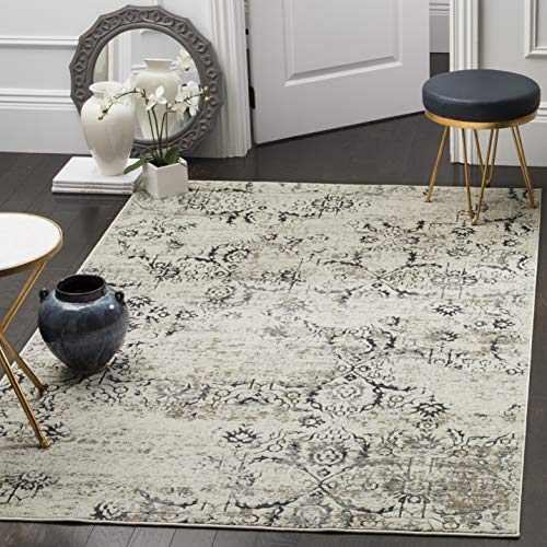 Safavieh Distressed Indoor Woven Rectangle Area Rug, Artifact Collection, ATF237, in Charcoal / Cream, 155 X 229 cm for Living Room, Bedroom or Any Indoor Space