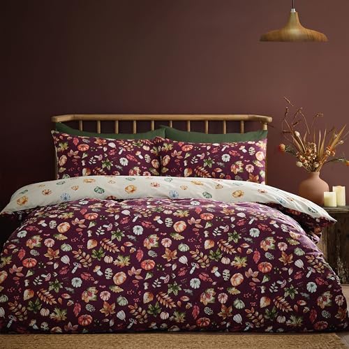 Catherine Lansfield Autumn Pumpkins Reversible Double Duvet Cover Set with Pillowcase Plum
