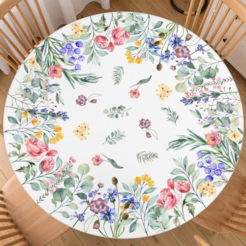 ABSOP Spring Summer Floral Round Fitted Tablecloth with Elastic Edge 40-44 Inch Colourful Flowers Pattern Table Cover Washable Holiday Table Cloth for Kitchen Dining Party Patio Picnic