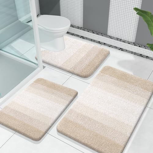 "OLANLY Bathroom Rugs Sets 3 Piece, Soft Absorbent Microfiber Bath Mats and U-Shaped Contour Toilet Rug, Plush Shaggy Bath Mat Set for Bathroom (30""x20""+24""x16""+24""x20"", Light Beige)"