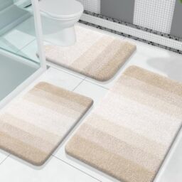 "OLANLY Bathroom Rugs Sets 3 Piece, Soft Absorbent Microfiber Bath Mats and U-Shaped Contour Toilet Rug, Plush Shaggy Bath Mat Set for Bathroom (30""x20""+24""x16""+24""x20"", Light Beige)"