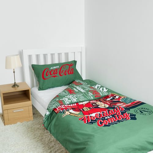 "Officially Licensed Coca-Cola ""Holidays Are Coming"" Christmas Single Duvet Cover Set - Reversible + Includes Pillowcase - Festive Bedding for Coke Fans"