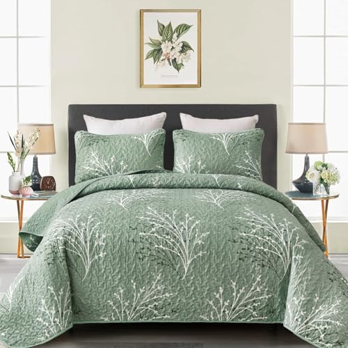DJY Sage Green Quilt Set Full Size, Branch Botanical Pattern Bedspread Coverlet Set, 3 Piece Microfiber Green Floral Quilt Bedding Set Lightweight Summer Bedspread for All Season, 80''x90''