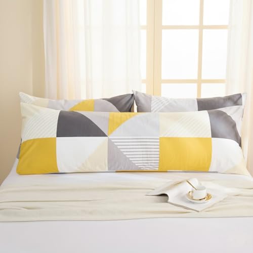 "Cozaline Body Pillowcases 100% Cotton Pillow Case, 1-Piece Modern Geometric Yellow and Grey Print, Soft Breathable Envelope Closure Pillow Cover(Body, 20""x54"")"