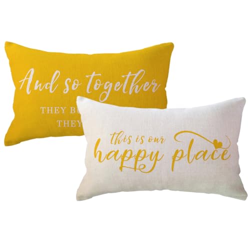 "ULOVE LOVE YOURSELF Home Saying Throw Pillow Covers with Our Happy Place Quote Rustic Farmhouse Decor Lumbar Pillow Cases 12"" x 20"",2Pack Housewarming Gifts for Sofa/Couch/Porch (Yellow)"