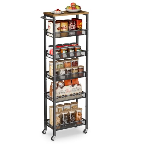 VASAGLE 6-Tier Trolley, Space-Saving Kitchen Cart with Castors, 22 cm Deep, Steel Frame, Handle, Trolley for Small Spaces, Kitchen Bathroom Living Room Studio, Rustic Brown and Black LRC039K101