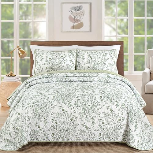 "WONGS BEDDING Quilt Set Full Size - Floral Printed,Microfiber Coverlet, Breathable All-Season,3-Piece Fits Full 90""x78"",Perfect for Bedroom Guest Room Home Decor"