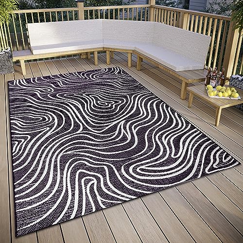 ELLE Decoration Calé Indoor & Outdoor Rug - Design Outdoor Rug Flat Weave Modern Pattern Weatherproof Outdoor Rug for Living Room, Hallway, Balcony, Patio, Garden - Black Cream, 155 x 230 cm