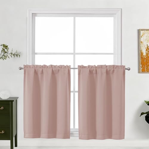 "Lecloud Blush Pink Kitchen Curtains 30 Inch Length 2 Pcs, Modern Room Darkening Short Curtains, Thermal Insulated Small Drapes Rod Pockets for Bedroom Cafe Laundry Room, Each Panel 30"" W x 30"" L"