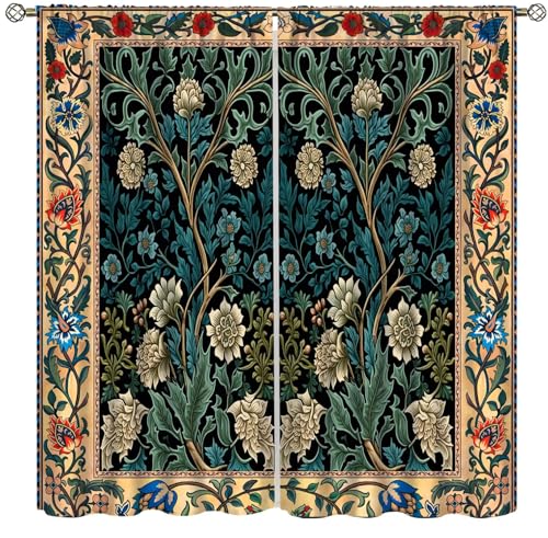 XBDDZSW Boho Style William Morris Flower Retro Curtains - Original Design Abstract Flower Curtains for Bedroom & Living Room Privacy - 2 Panels, 42x54in