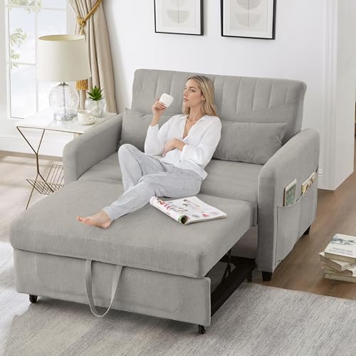 Ball & Cast Double Sofa Bed, 2 Seater Sofa Bed Double with Adjustable Backrest & Side Pockets, Pull Out Convertible Sofa Bed 112x169cm, Linen Foam Guest Bed for Living Room Small Spaces, Light Gray