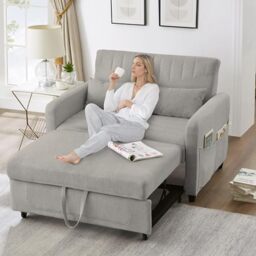 Ball & Cast Double Sofa Bed, 2 Seater Sofa Bed Double with Adjustable Backrest & Side Pockets, Pull Out Convertible Sofa Bed 112x169cm, Linen Foam Guest Bed for Living Room Small Spaces, Light Gray