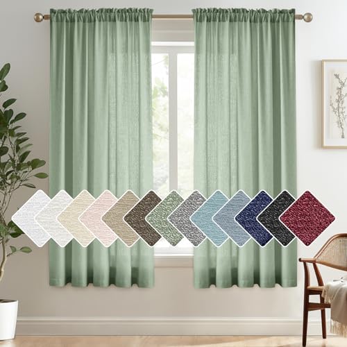 "Melodieux Sage Green Semi Sheer Curtains 54 Inches Long, Bedroom Short Sheer Curtains, Faux Linen Farmhouse Light Filtering Rod Pocket Shiny Sheer Drapes Home Office, 52"" W x 54"" L, 2 Panels"