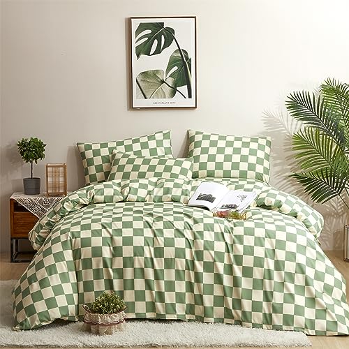 Houseri Green and White Comforter Set Queen Plaid Sage Green Buffalo Checkered Bedding Comforters Queen Size for Girls Boys Checkerboard Light Green Grid Comforter Women Men Gingham Bedding Sets Queen