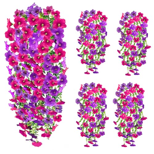 FUTBER Artificial Fake Hanging Flowers Plants for Outdoor Fall Decoration, 4PCS UV Resistant Look Real Trailing Vines for Outside Home Planter Porch Patio Mums Autumn Decor (Purple&Pink Rose)