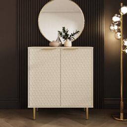 GFW Azariah Compact Sideboard, Ivory Storage Cabinet with Geometric Honeycomb Design, Brass Handles and Legs, Living Room and Dining Room Furniture