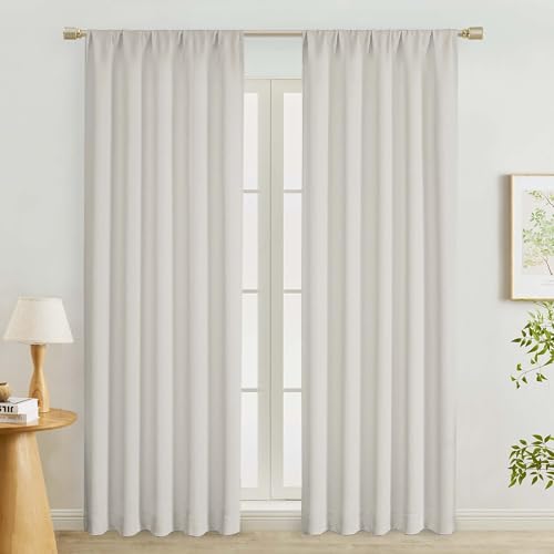 "Lecloud Natural Room Darkening Curtains 84 Inches Long 2 Panels Set, Solid Thermal Insulated Curtain Drapes for Living Room Bedroom, Rod Pocket Privacy Window Treatments, 50"" W x 84"" L"