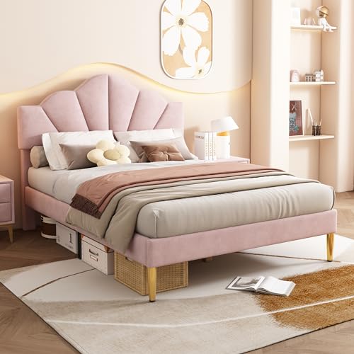 Merax Upholstered Double Bed, 4FT6 Bed Frame with Height-Adjustable Headboard and Wooden Slatted Frame, Shell-Like Bed with Golden Iron Legs, Easy Assembly, Velvet, Pink, 135x190cm