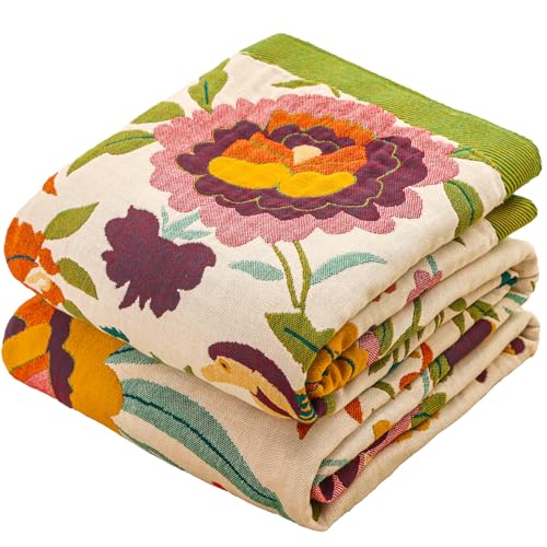 "STASOPTK Flower and Bird Boho Throw Blanket for Bed Couch 80""??90"" - 4-Layer Gauze Breathable Reversible Muslin Blanket,Soft Lightweight All Season Quilt for Bed Sofa Travel,Multiple Uses"