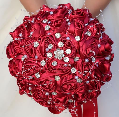 "Mhojpik Bridal Wedding Bouquet Round Bling Brooch Bouquet Throw Toss Artificial Rose Flower Bunch for Bride Bridesmaid Wedding Quinceanera(Ruby Red, 9.8"")"