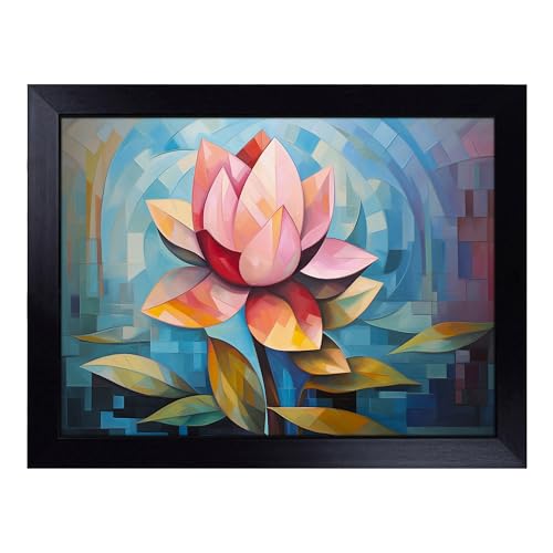 Lap Tray with Bean Bag Cushion, Lotus Flower Cubism - Handmade in the UK, Raised Wooden Edge, Padded Cushion, Heat-Resistant Wipe-Clean Surface, for Meals, Laptops and Crafts