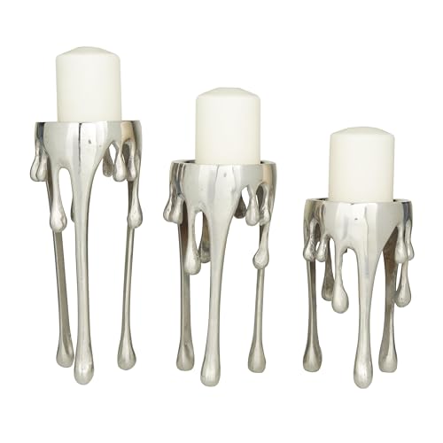 "CosmoLiving by Cosmopolitan Contemporary Aluminum Candle Holder, Set of 3 12"", 10"", 8"" H, Silver"