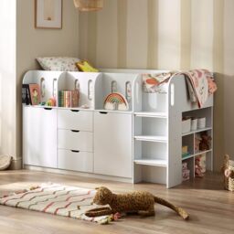Julian Bowen Vision Mid Sleeper Bed, White Storage Bunk Bed Frame With Ladder and Shelves for Kids and Teens - 3ft Single 116 x 111.5 x 195cm