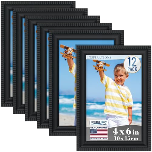 Icona Bay 4x6 Picture Frames (Black, 12 Pack), Beautifully Detailed Molding, Contemporary Picture Frame Set, Wall Mount or Table Top, Inspirations Collection