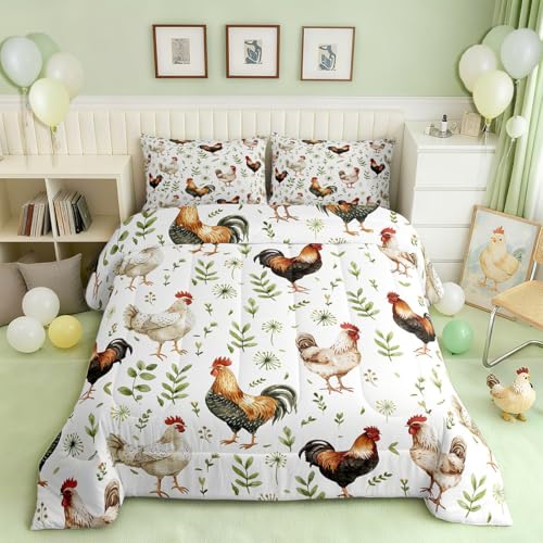 jejeloiu Lovely Chicken Bedding Set Farm Animals Queen Size Rural Rooster Duvet Set for Boys Girls Teens Leaf Pattern Comforter Breathable Soft Lightweight Microfiber Room Decor Duvet Quilt