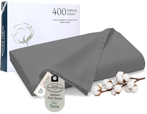 Royale Linen 400 Thread Count 100% Cotton Flat Sheets Only - Cooling Sheets - Twin Flat Sheet Sold Separately - Luxury Sateen Weave - Breathable & Super Soft Top Sheet Only (Twin, Spanish Slate)