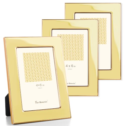 Fun Memories 4x6 Picture Frame - 3pcs Yellow Enamel Glass Photo Frame with Gold Metal Edge & Easel for Display Picture Frame on Countertops, Tabletops, Bookshelves, Desks, Walls (Yellow/Gold)