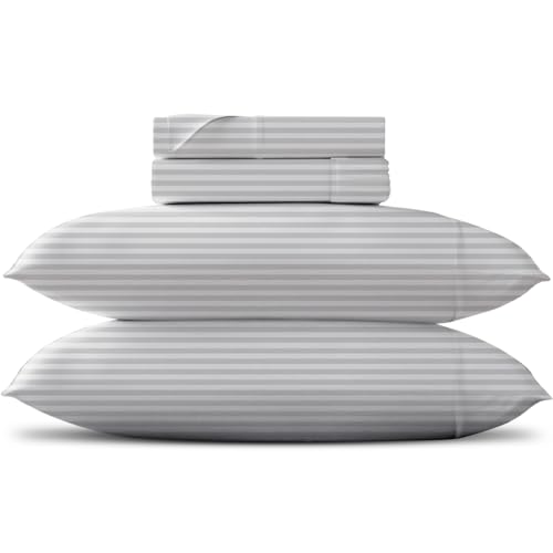 Pure Egyptian Cotton White Bed Sheets Full (Full Size Bed Set, 600 Thread Count) White Stripe Sheets Full Stripe Sheet Set (4 Pc) ??? Full Size Sheets Set - Sateen Weave Sheets - 16??? Bed Cotton Sheets