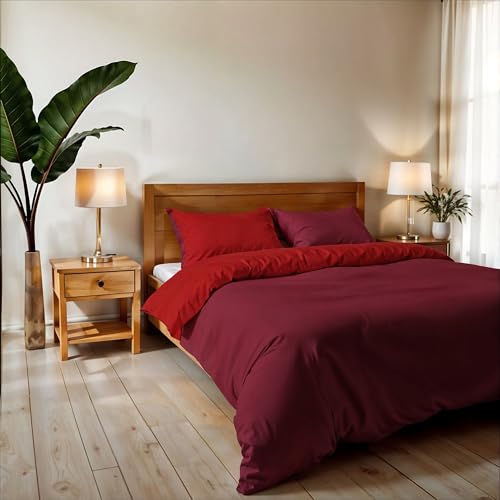 Double Duvet Cover, Plain Double Face, Vera Bed Linen Set with Duvet Cover 250 x 200 cm with Envelope 20 x 50 cm + 2 Pillowcases 50 x 80 cm, Bordeaux/Red
