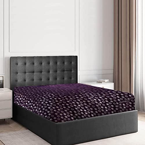 GC GAVENO CAVAILIA Teddy Fleece Star Foil Duvet Set, Super Soft Fluffy Cosy Warm Shiny Bedding & Bedsheet, 2 Piece Easy Care DuvetCover & Deep Elastic Band Bedlinen, Purple, King Fitted Sheet