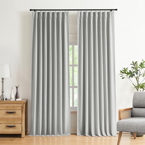 "Vision Home Light Grey Pinch Pleated Full Blackout Curtains Linen Blended Room Darkening Curtain Panels 84 inch for Living Room Bedroom Thermal Insulated Pinch Pleat Drapes with Hooks 40"" Wx84 Lx2"