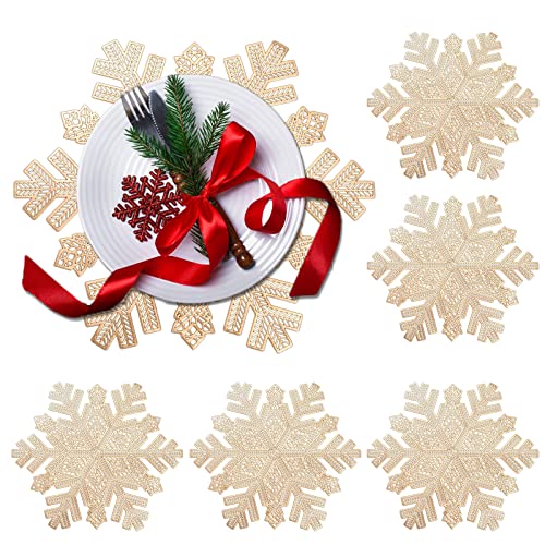 Snowflake Placemats Set of 6,Rouhuhura 15 inch Christmas Placemats Decorations Snowflake Tablemats Hollow Out Design Round Vinyl Place Mats Dining Table Setting Kitchen Table Mats for Christmas(Gold)