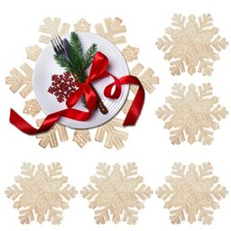 Snowflake Placemats Set of 6,Rouhuhura 15 inch Christmas Placemats Decorations Snowflake Tablemats Hollow Out Design Round Vinyl Place Mats Dining Table Setting Kitchen Table Mats for Christmas(Gold)