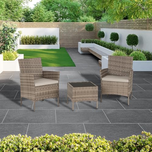 Seconique Willow 3 Piece Garden Set in Grey Rattan/Grey Fabric/Black Glass