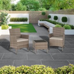 Seconique Willow 3 Piece Garden Set in Grey Rattan/Grey Fabric/Black Glass
