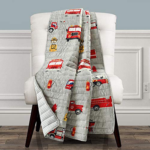 Lush Decor Make A Wish Fire Truck Red & Gray Reversible Print Throw Blanket
