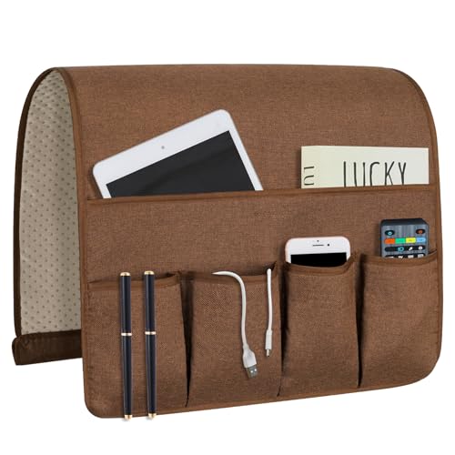 Remote Control Holders for Armchairs, Couch Caddy, Featuring Non-Slip Bases - 5 Pockets Bedside Storage Pocket for TV Remote Holder, Phone Tablet Kindle, Magazines, Gifts for Seniors (Brown, 35''x18'')