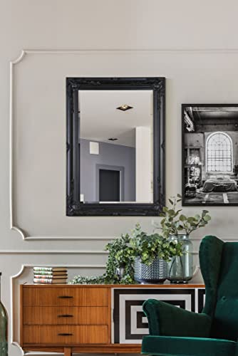 Large Antique Style Rectangle Wall Mounted Black Wood Mirror 3Ft8x2Ft8 110x79cm, 108 x 78