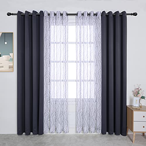 Bonzer 4 Panels Set Mix and Match Curtains for Bedroom Living Room - 2 Pieces Branch Print Sheer Curtains & 2 Pieces Blackout Curtains Room Darkening Grommet Window Drapes, 54x84 Inch, Grey Dark