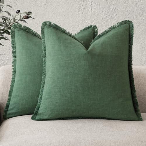 Foindtower Set of 2 Decorative Linen Fringe Throw Pillow Covers Cozy Boho Farmhouse Cushion Cover with Tassels Soft Accent Pillowcase for Couch Sofa Bed Living Room Home Decor, 24??24 Inch, Pine Green