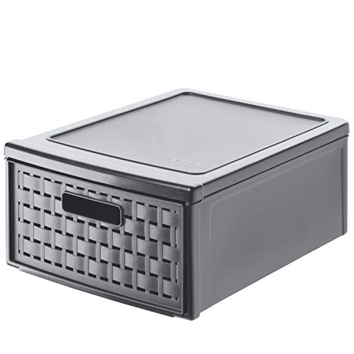 Rotho, Country, Drawer box 8.3l with 1 drawer in rattan-look, Plastic (PP) BPA-free, anthracite, klein/8,3l (35,0 x 26,0 x 14,5 cm), Dark Grey
