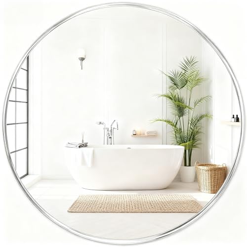 Fabuday Silver Circle Mirror for Wall 22 inch - Round Mirror for Bathroom, Entryway, Living Room, Hallway, Bedroom Decor, Small Chrome Frame Mirrors