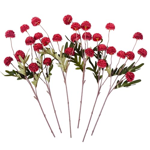 SITUMEIZI Red Faux Silk Pompon Mum Artificial Red Flowers Fake Mini Chrysanthemum Flowers Mums 6Pcs for Christmas Home Party Wedding Decorations