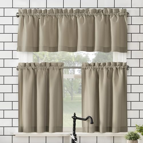 "No. 918 Martine Microfiber Semi-Sheer Rod Pocket Kitchen Curtain Valance and Tiers Set, 54"" x 24"", Taupe"